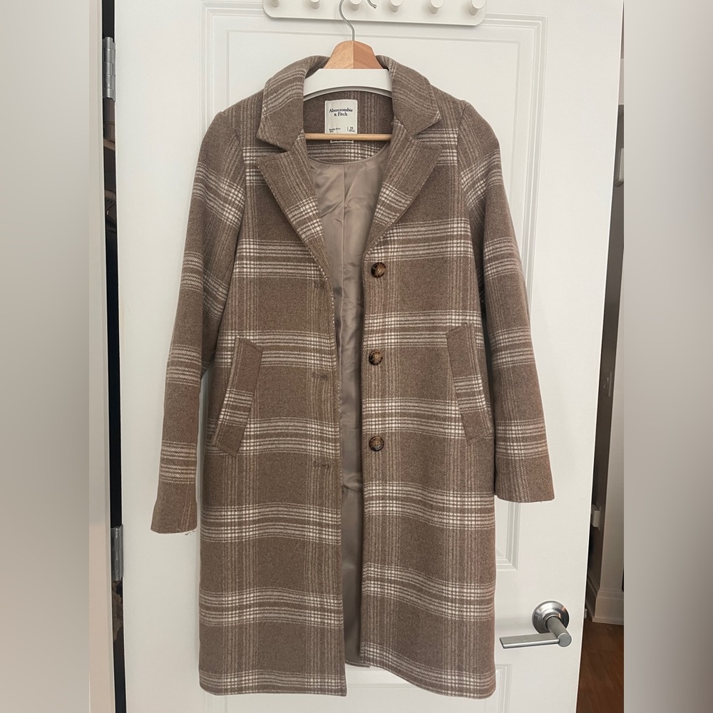 Classic Abercrombie & Fitch XS Dad Coat Taupe & Cream Plaid Perfect Condition